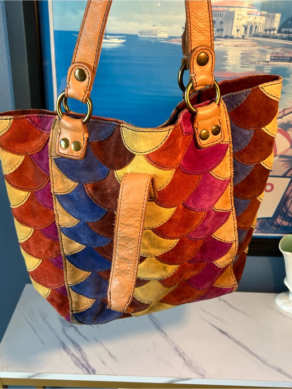 LUCKY BRAND MultiColor Scallop Patchwork Leather Shoulder Boho Tote - Picture 5 of 15